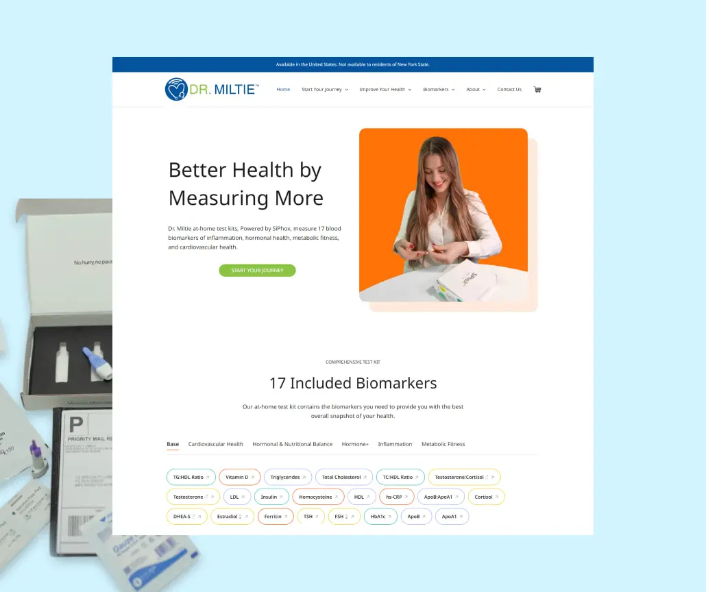 Website screenshot showing a health biomarker service with a woman using a test kit. The site promotes measuring 17 biomarkers related to cardiovascular, nutritional, autoimmune, metabolic, and cellular health.