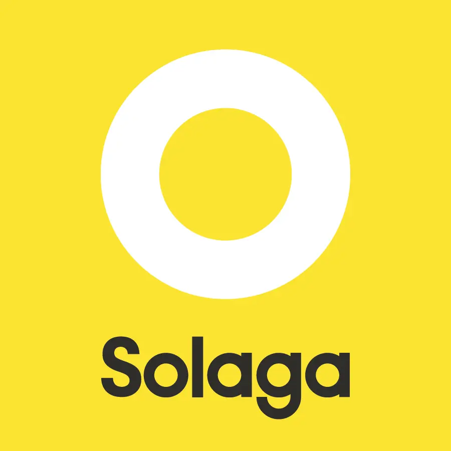 Logo of Solaga featuring a large white circle on a yellow background with the word "Solaga" in black text below, embodying the essence of modern website design.