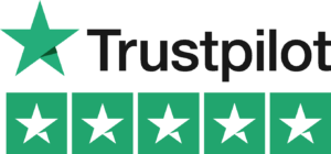 Trustpilot logo with a green star and the word "Trustpilot" in black text above a row of five green stars, each containing a white star inside.