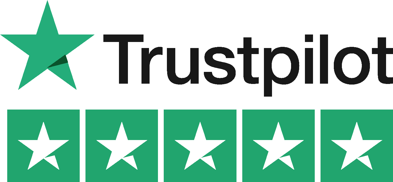Trustpilot logo with a green star and the word "Trustpilot" in black text above a row of five green stars, each containing a white star inside.